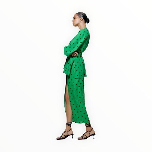 ZARA | Green | LINEN BLEND POLKA DOT KAFTAN - Picture 7 of 9